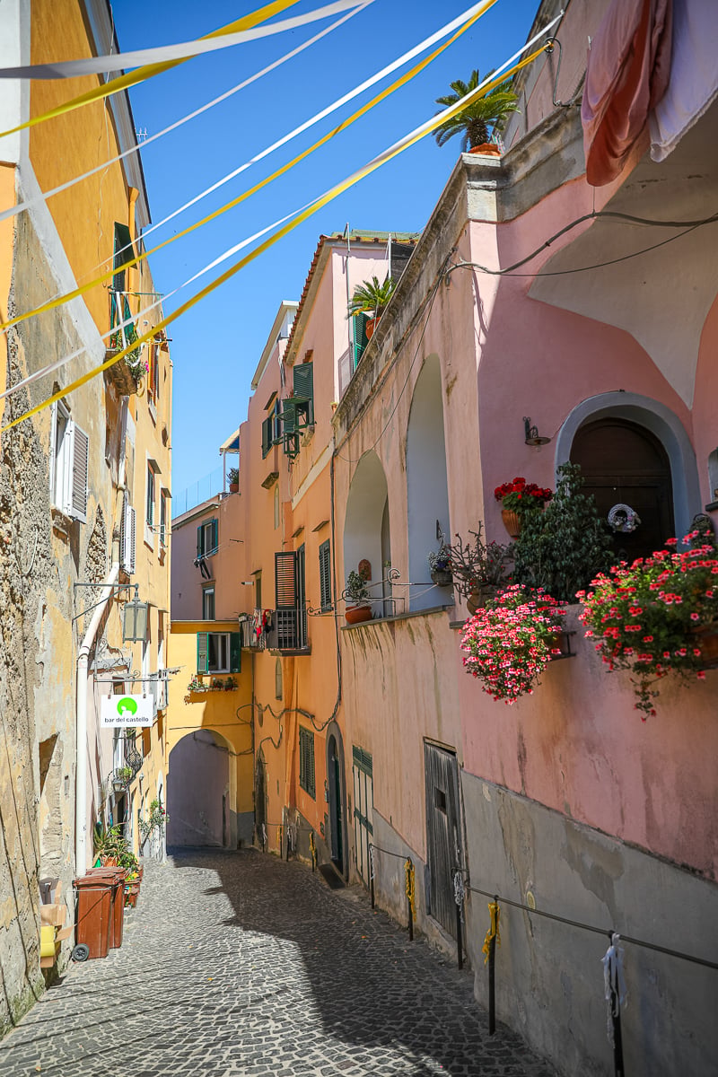 Narrow cobblestone lane lined with pastel houses and flowers in hilltop Terra Murata, Procida, Italy