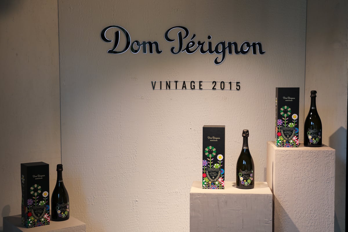 Dom Pérignon Vintage 2015 bottles in decorated gift boxes on display