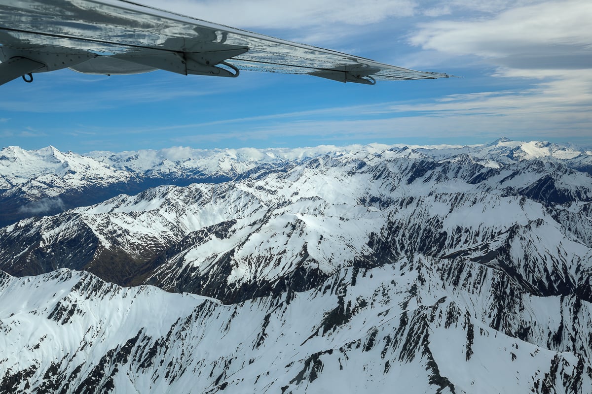 Snow-covered Southern Alps viewed from a scenic flight between Queenstown and Fiordland National Park