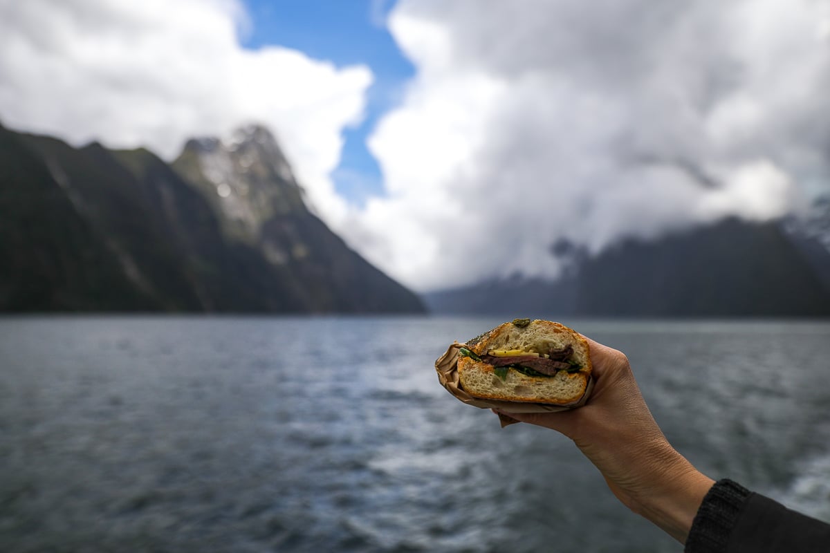 Sandwich held up on a Milford Sound cruise with dramatic mountains and water in the background