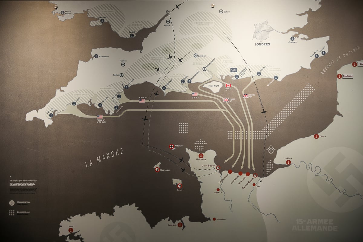 Detailed historical map displayed in the Utah Beach Museum, Beaches of Normandy, detailing the Allied D-Day invasion routes across the English Channel to Normandy beaches.