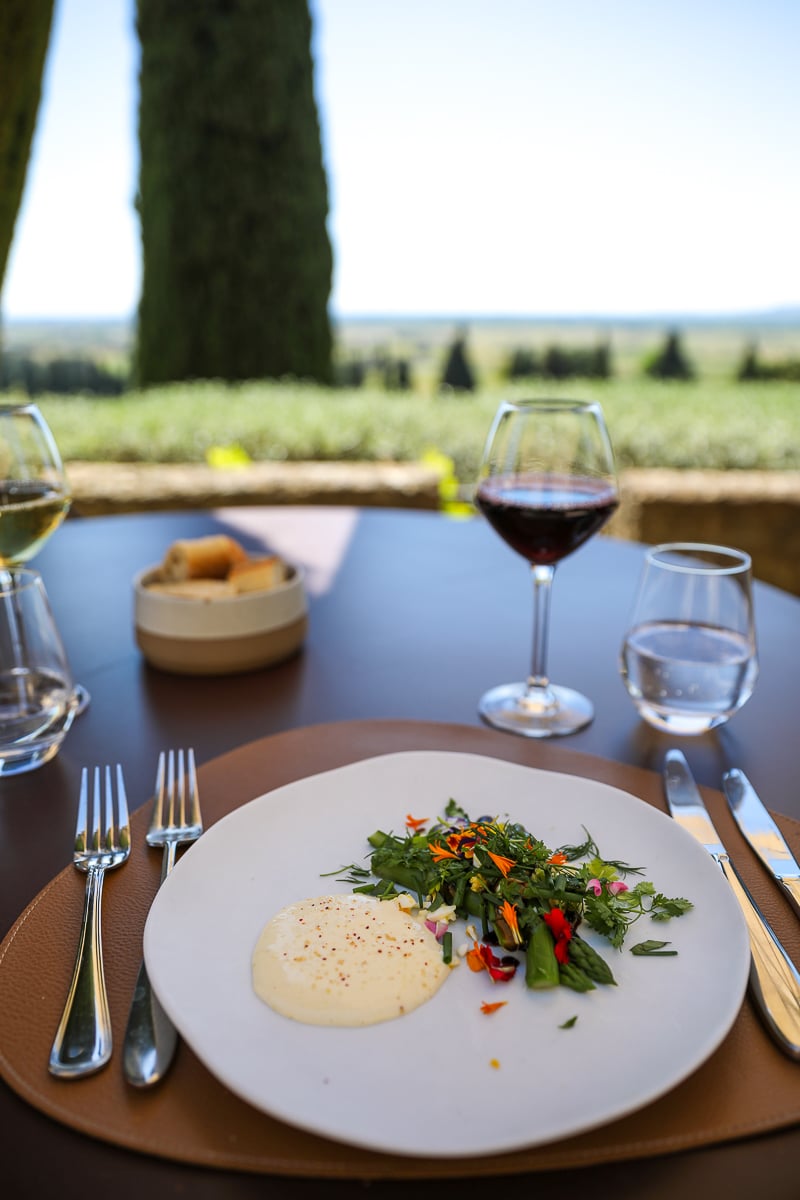 Green asparagus starter with Rhône Valley wine at Château des Fines Roches near Châteauneuf-du-Pape