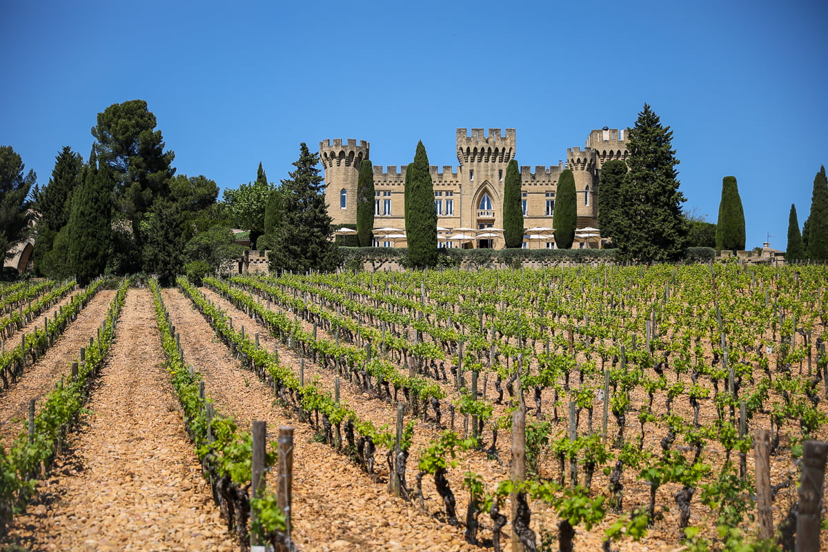 Château des Fines Roches surrounded by vineyards in Châteauneuf-du-Pape, Provence