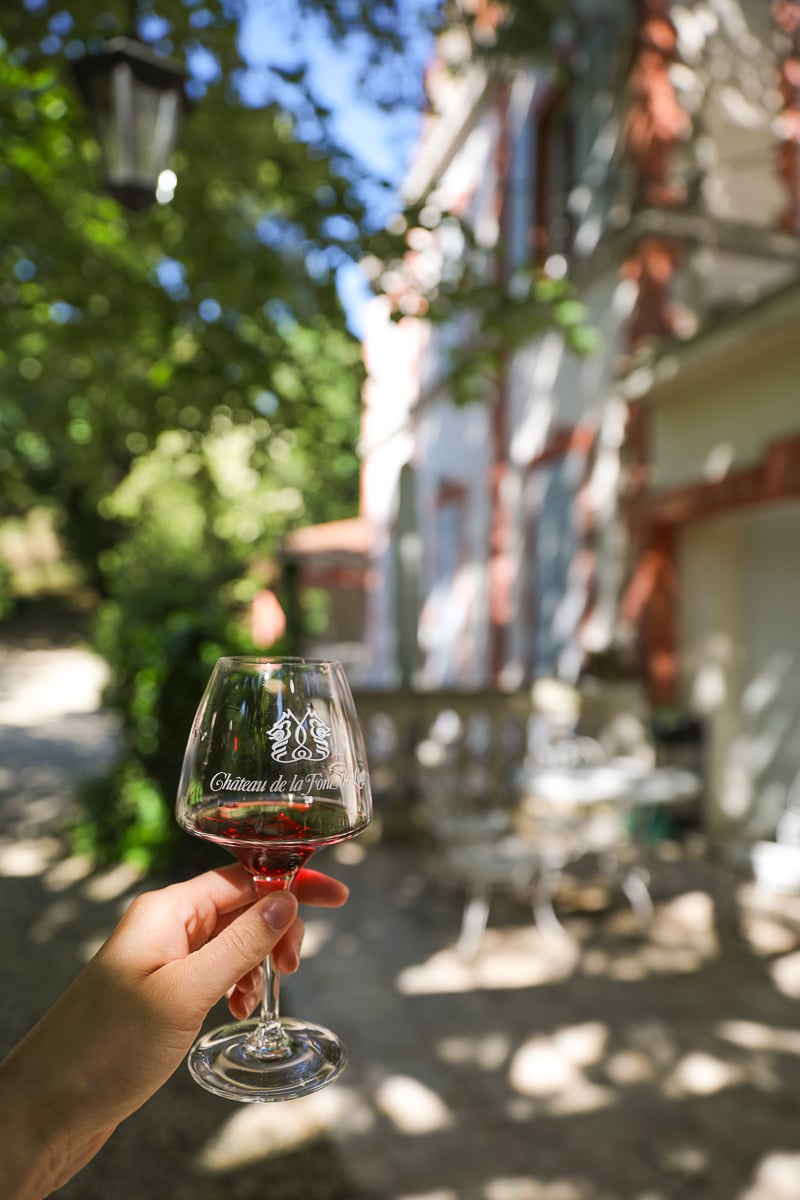 Glass of red wine during a Châteauneuf-du-Pape tasting at Château de la Font du Loup