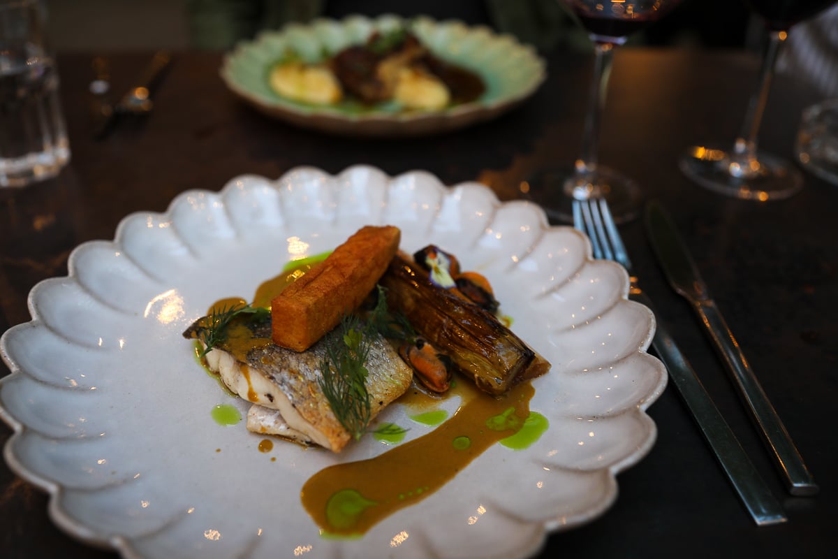 Sea bream with roasted leeks and sauce at Café Roma