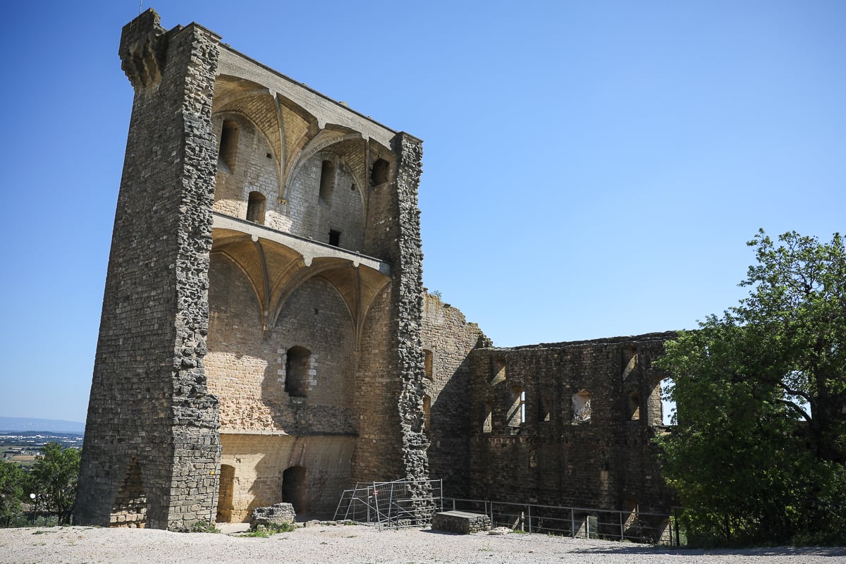Ruins of the medieval Château de Châteauneuf-du-Pape above the wine village. Many Avignon wine tours stop here.