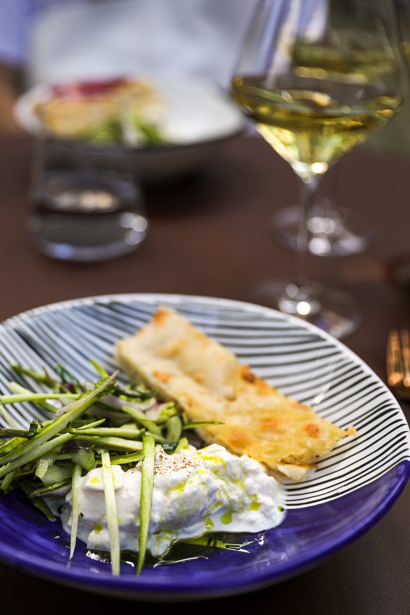 Burrata with spring vegetables and focaccia at Italie là-bas in Avignon