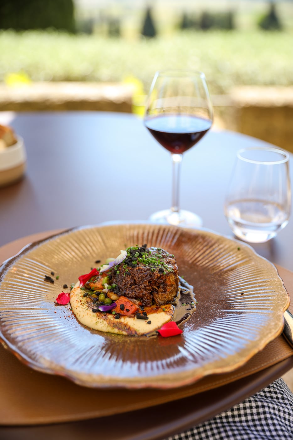 Moroccan-spiced lamb lunch with red wine at Château des Fines Roches during an Avignon wine tour