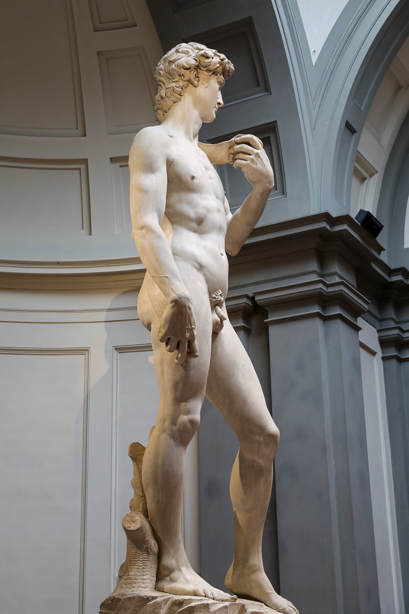 Michelangelo’s David viewed from the side inside the Accademia Gallery, showing the sculpture’s detailed anatomy and contrapposto stance.