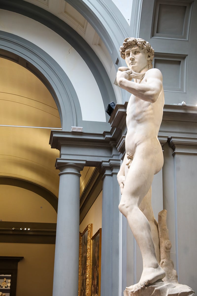 Side view of Michelangelo’s David beneath the arched ceiling of the Accademia Gallery in Florence.
