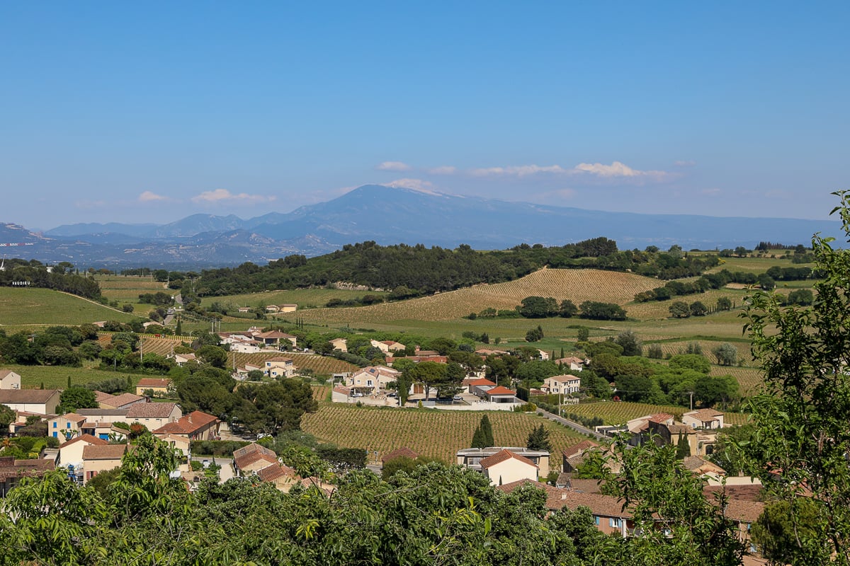 View over Châteauneuf-du-Pape village and Rhône Valley vineyards toward Mont Ventoux