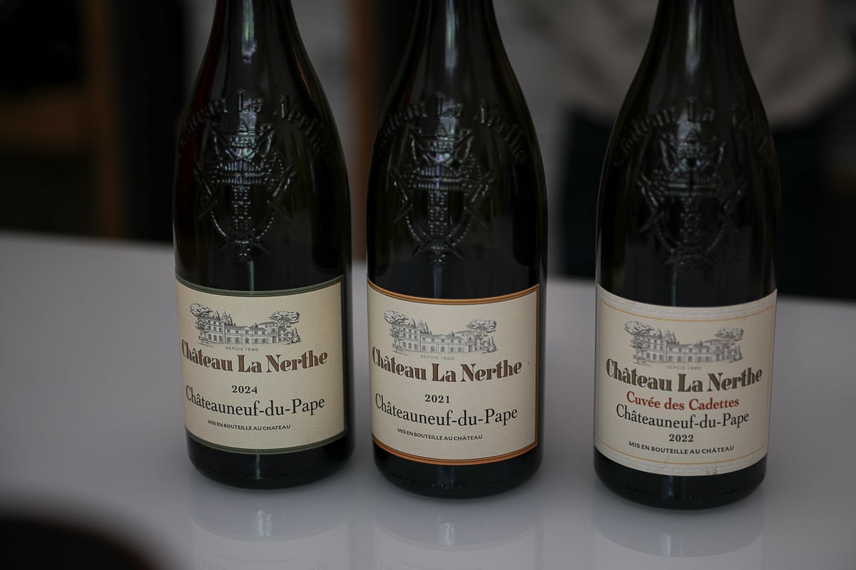 Three Châteauneuf-du-Pape wines from Château La Nerthe during a guided wine tasting.